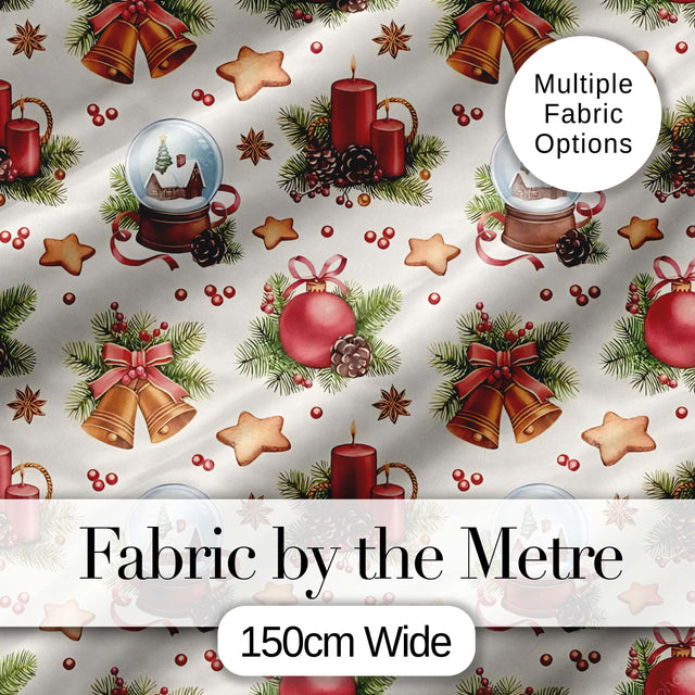 Christmas Bells Candles Snow Globe Gingerbread Seamless Pattern Digital Print Fabric by the Metre UK Sewing Quilting Textile
