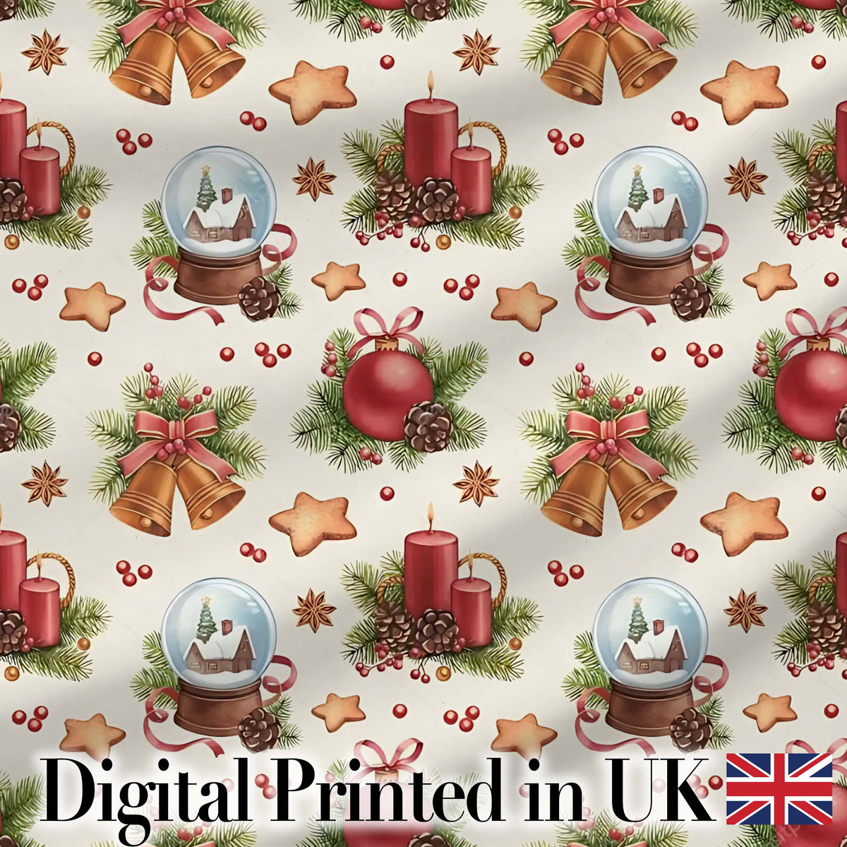 Christmas Bells Candles Snow Globe Gingerbread Seamless Pattern Digital Print Fabric by the Metre UK Sewing Quilting Textile