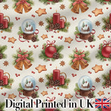 Christmas Bells Candles Snow Globe Gingerbread Seamless Pattern Digital Print Fabric by the Metre UK Sewing Quilting Textile