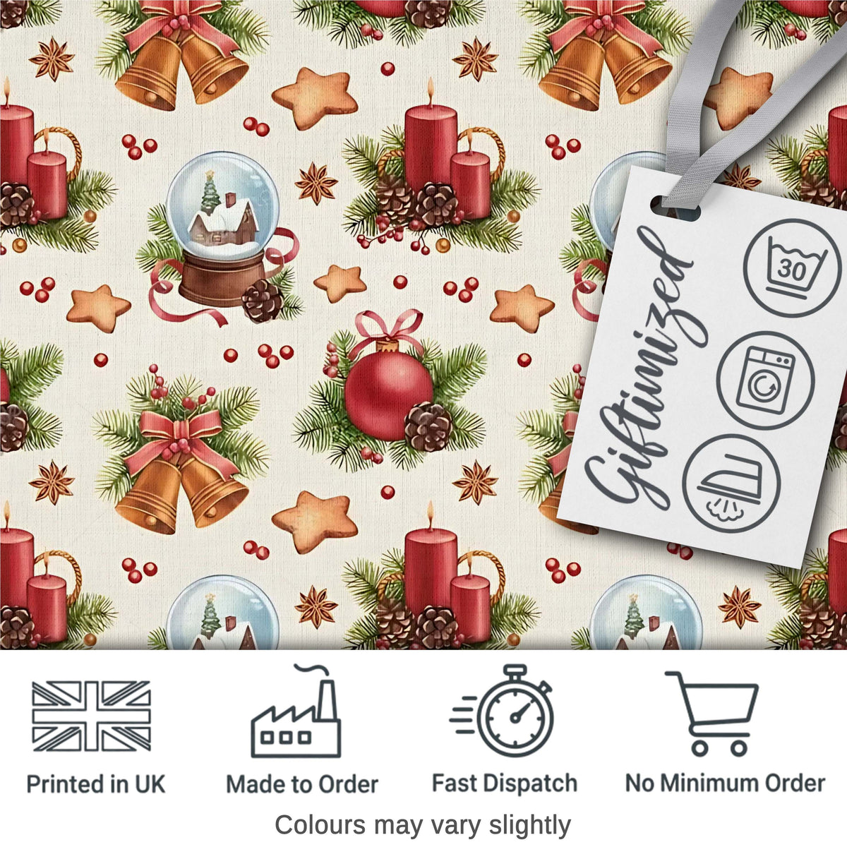 Christmas Bells Candles Snow Globe Gingerbread Seamless Pattern Digital Print Fabric by the Metre UK Sewing Quilting Textile