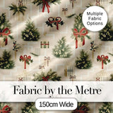 Elegant Christmas Gift Boxes Pine Branch Red Bow Seamless Pattern Digital Print Fabric by the Metre UK Sewing Quilting Textile