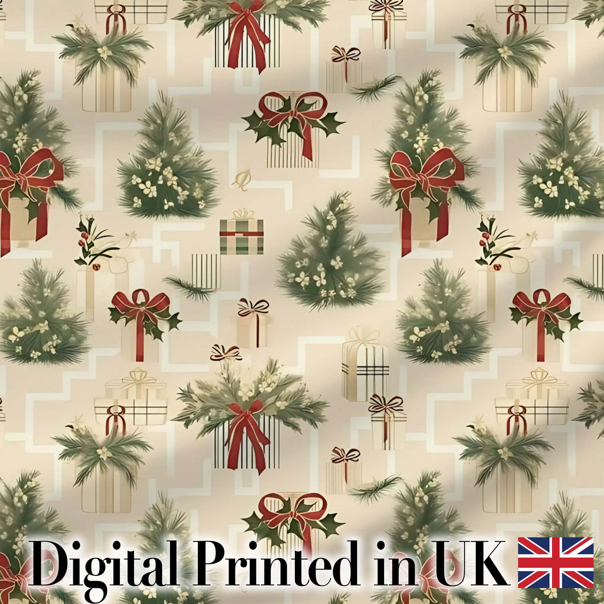 Elegant Christmas Gift Boxes Pine Branch Red Bow Seamless Pattern Digital Print Fabric by the Metre UK Sewing Quilting Textile