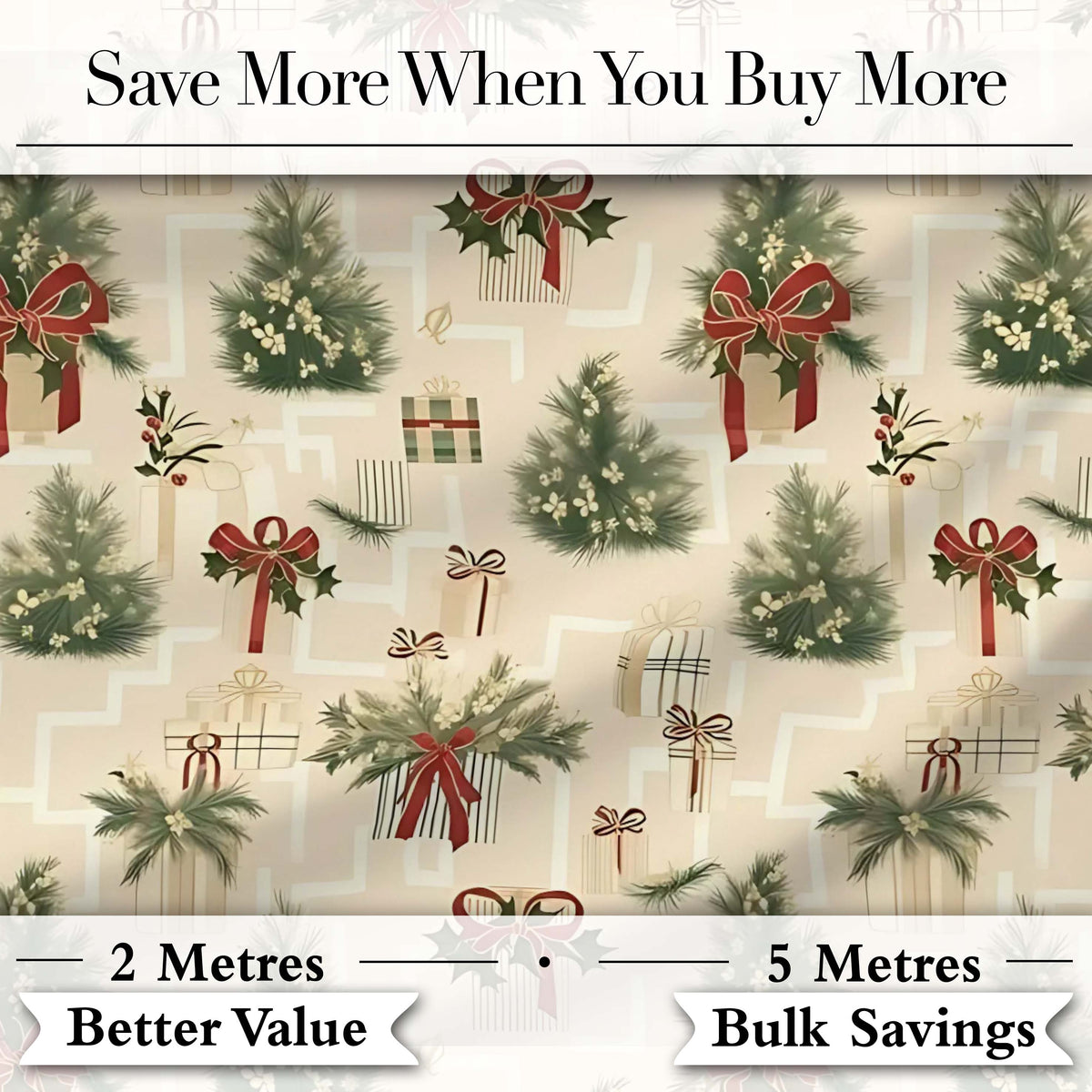Elegant Christmas Gift Boxes Pine Branch Red Bow Seamless Pattern Digital Print Fabric by the Metre UK Sewing Quilting Textile