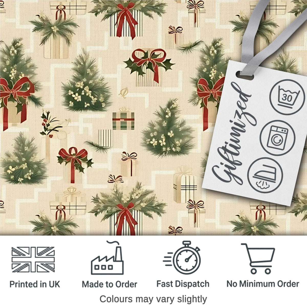 Elegant Christmas Gift Boxes Pine Branch Red Bow Seamless Pattern Digital Print Fabric by the Metre UK Sewing Quilting Textile