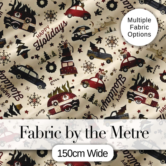 Festive Holiday Cars Gifts Snowflakes Happy Holidays Seamless Pattern Digital Print Fabric by the Metre UK Sewing Quilting Textile