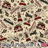 Festive Holiday Cars Gifts Snowflakes Happy Holidays Seamless Pattern Digital Print Fabric by the Metre UK Sewing Quilting Textile