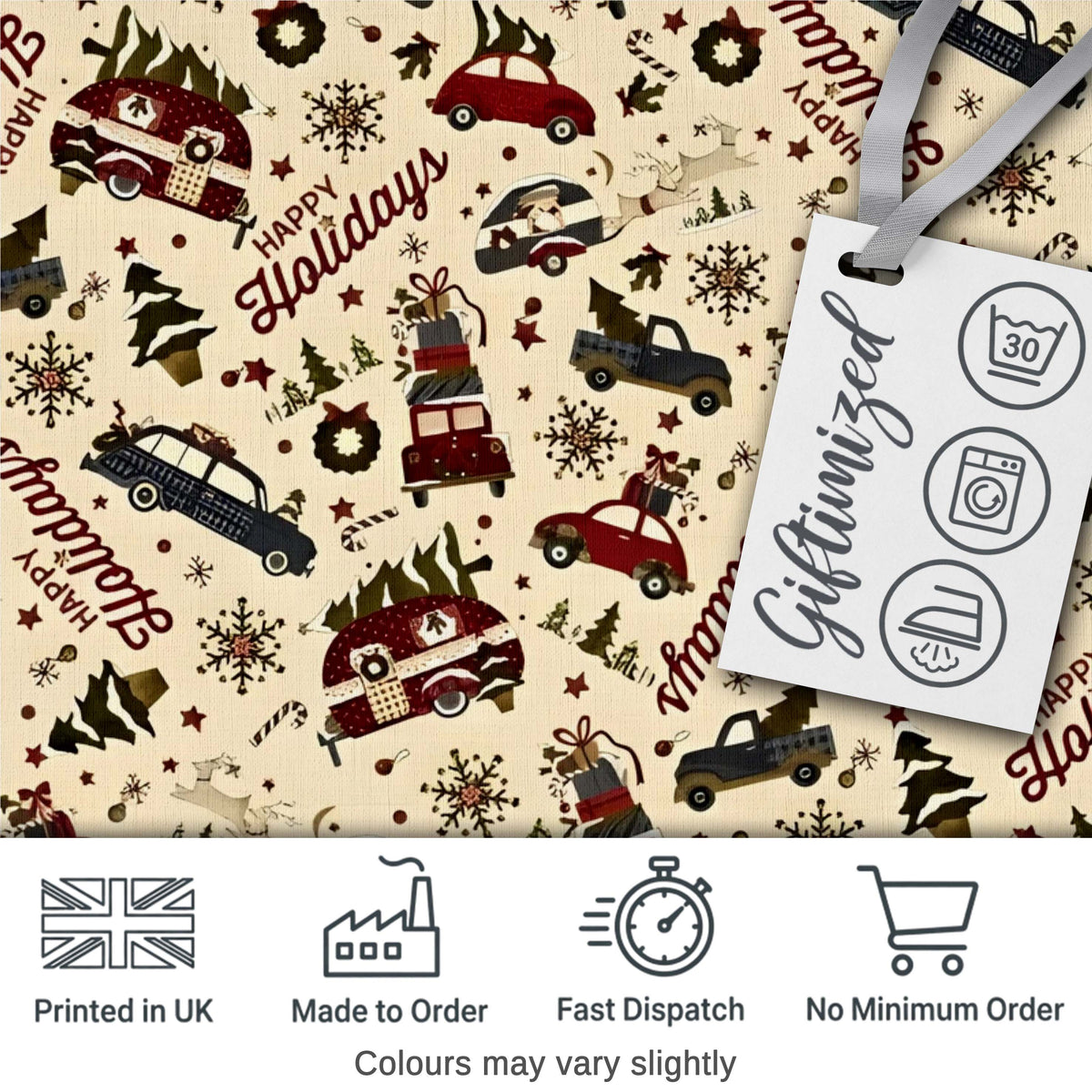 Festive Holiday Cars Gifts Snowflakes Happy Holidays Seamless Pattern Digital Print Fabric by the Metre UK Sewing Quilting Textile