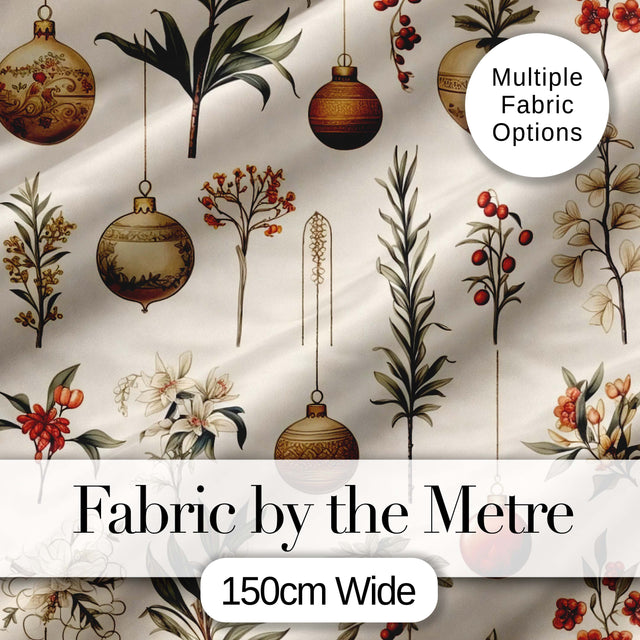 Elegant Botanical Christmas Baubles Floral Leaves Seamless Pattern Digital Print Fabric by the Metre UK Sewing Quilting Textile