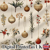 Elegant Botanical Christmas Baubles Floral Leaves Seamless Pattern Digital Print Fabric by the Metre UK Sewing Quilting Textile