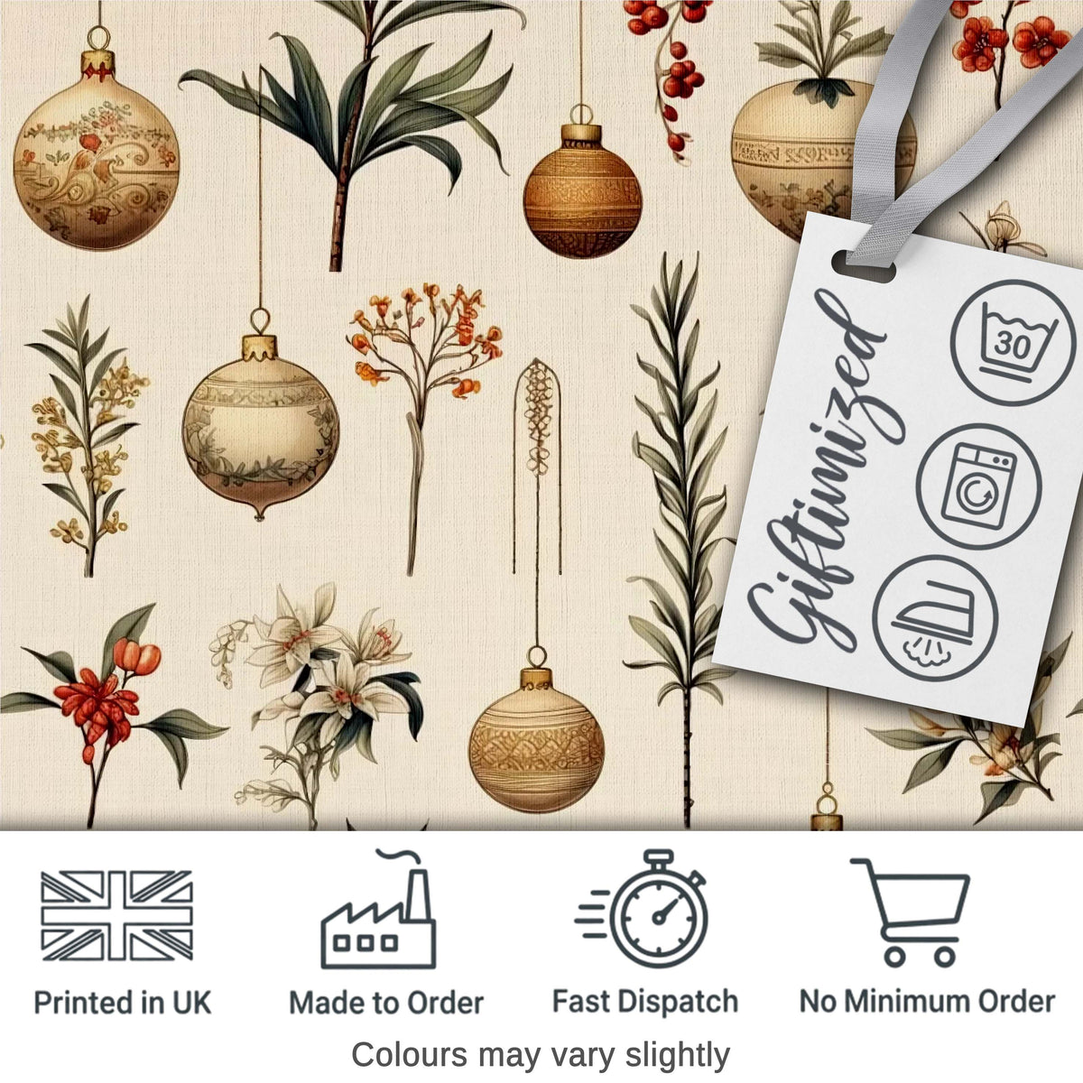 Elegant Botanical Christmas Baubles Floral Leaves Seamless Pattern Digital Print Fabric by the Metre UK Sewing Quilting Textile