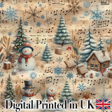 Winter Snowman Christmas Trees Music Notes Seamless Pattern Digital Print Fabric by the Metre UK Sewing Quilting Textile