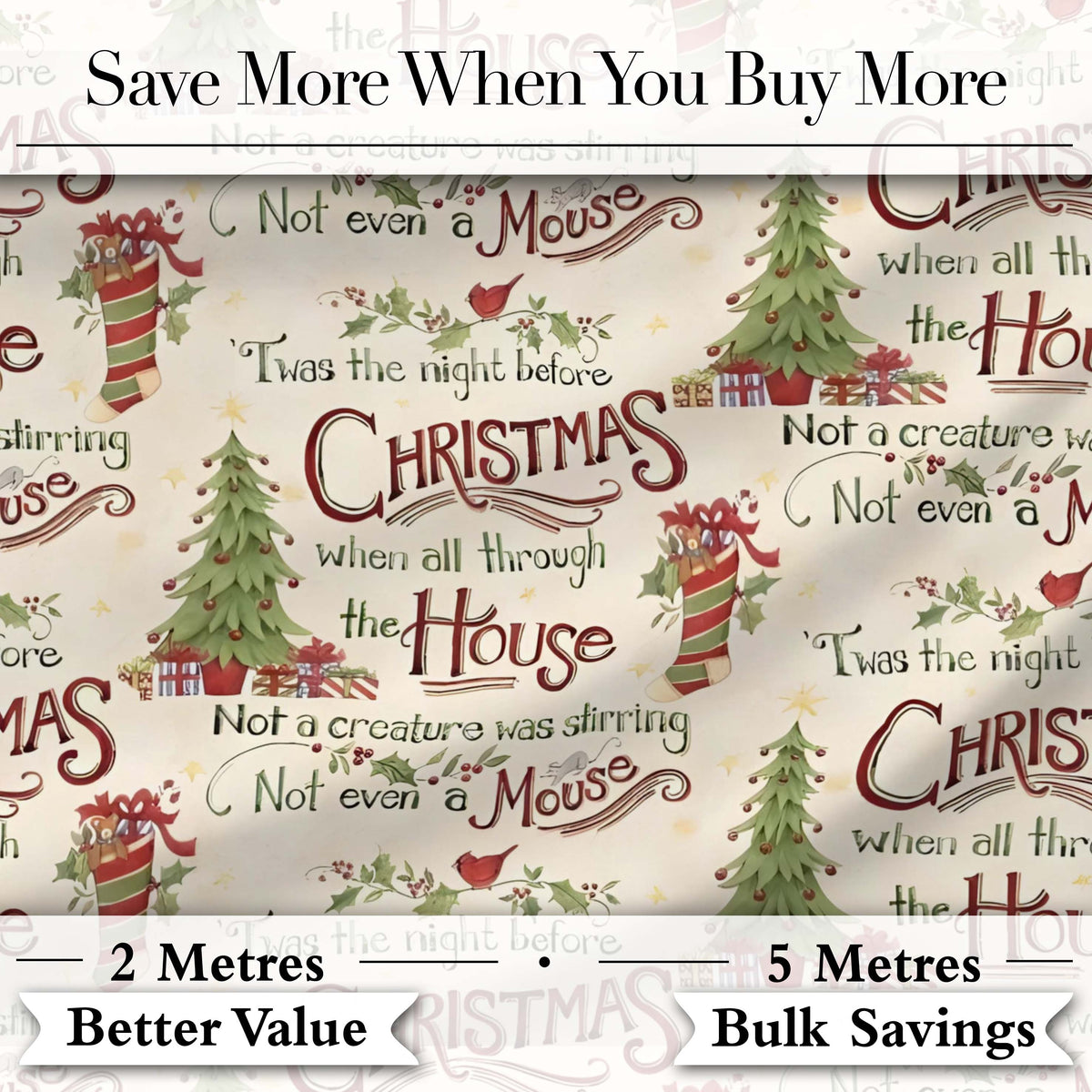 Classic Twas The Night Before Christmas Typography Seamless Pattern Digital Print Fabric by the Metre UK Sewing Quilting Textile