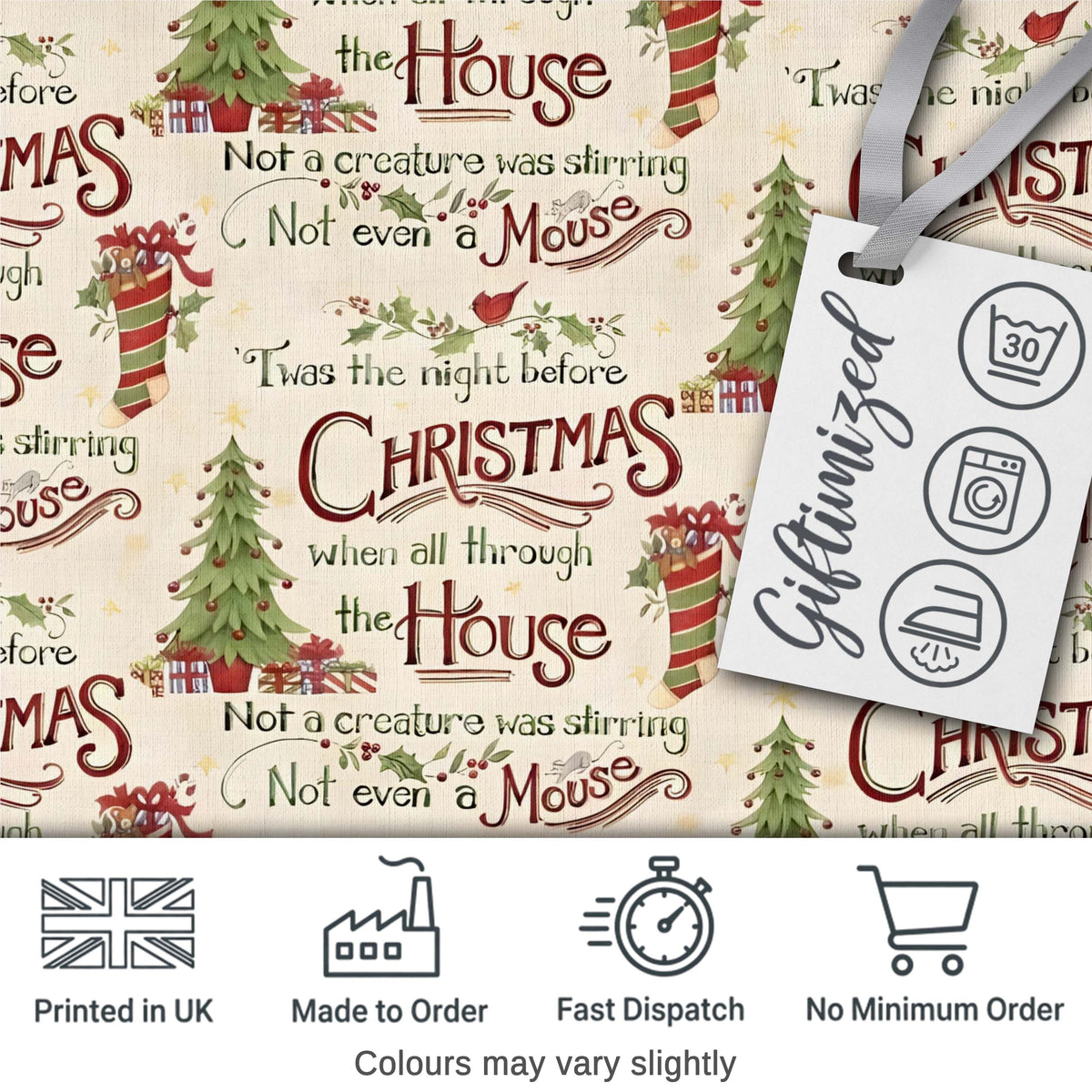 Classic Twas The Night Before Christmas Typography Seamless Pattern Digital Print Fabric by the Metre UK Sewing Quilting Textile