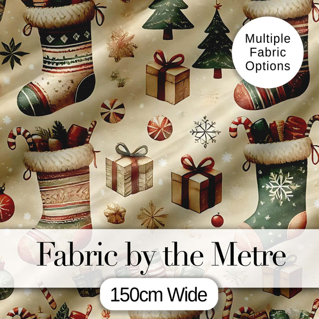 Cozy Christmas Stockings Gifts Candy Canes Seamless Pattern Digital Print Fabric by the Metre UK Sewing Quilting Textile