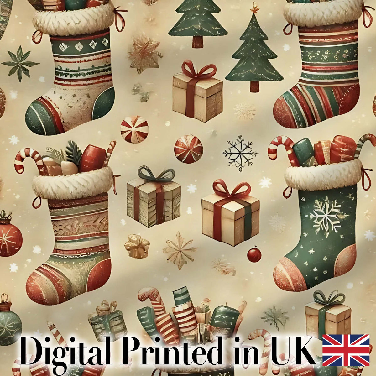 Cozy Christmas Stockings Gifts Candy Canes Seamless Pattern Digital Print Fabric by the Metre UK Sewing Quilting Textile