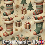 Cozy Christmas Stockings Gifts Candy Canes Seamless Pattern Digital Print Fabric by the Metre UK Sewing Quilting Textile