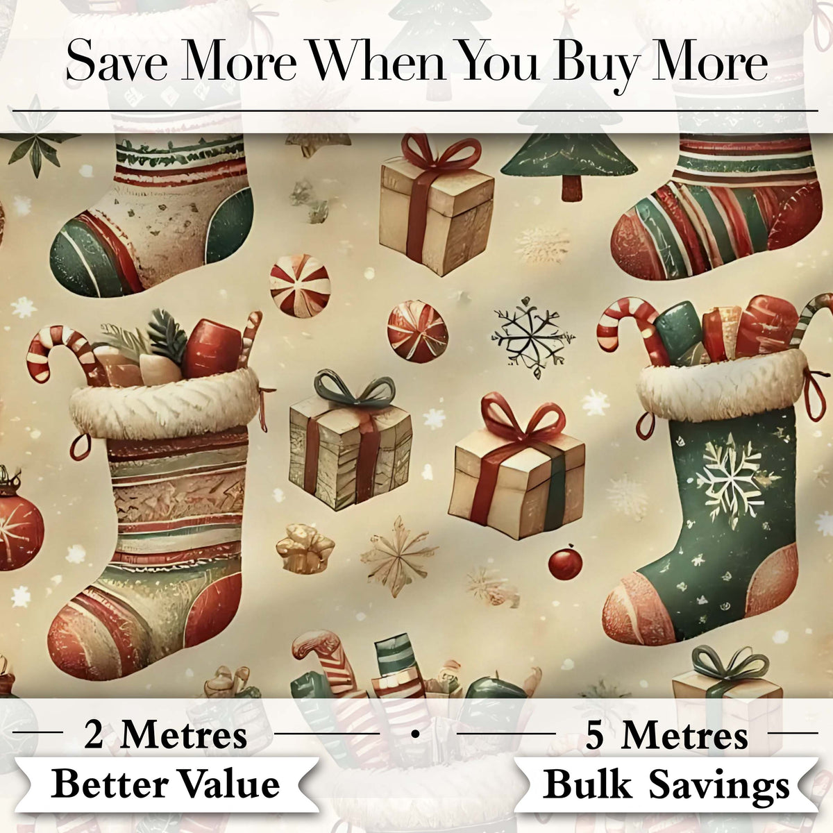 Cozy Christmas Stockings Gifts Candy Canes Seamless Pattern Digital Print Fabric by the Metre UK Sewing Quilting Textile