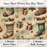 Cozy Christmas Stockings Gifts Candy Canes Seamless Pattern Digital Print Fabric by the Metre UK Sewing Quilting Textile