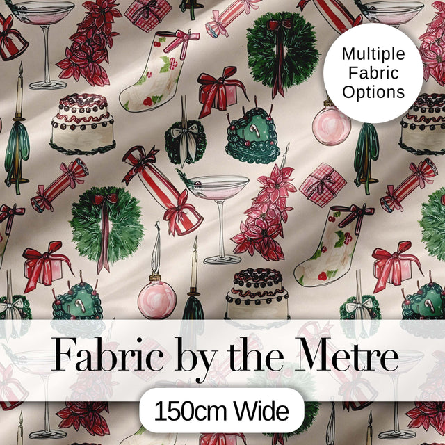 Festive Holiday Cakes Wreaths Candles Gifts Seamless Pattern Digital Print Fabric by the Metre UK Sewing Quilting Textile