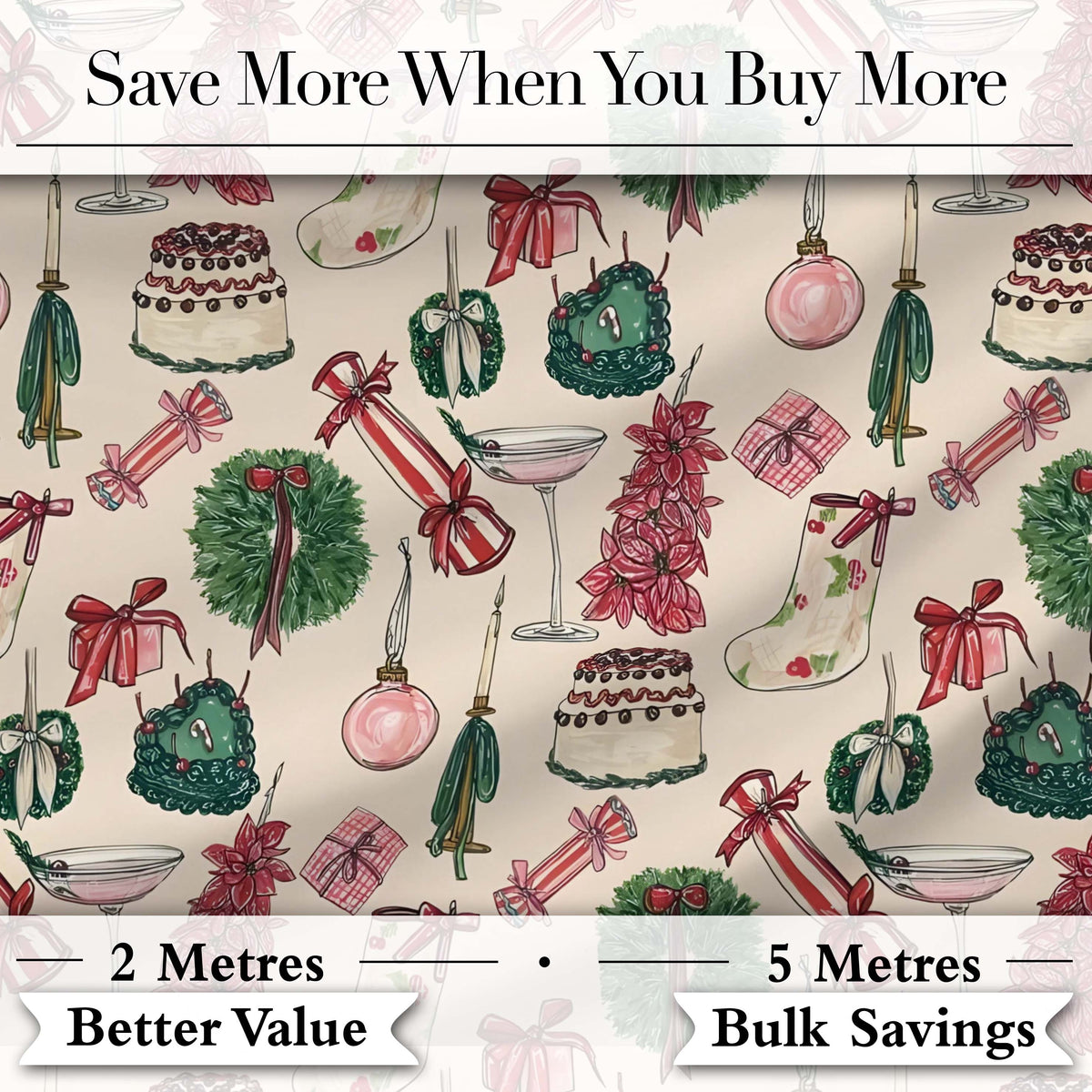 Festive Holiday Cakes Wreaths Candles Gifts Seamless Pattern Digital Print Fabric by the Metre UK Sewing Quilting Textile