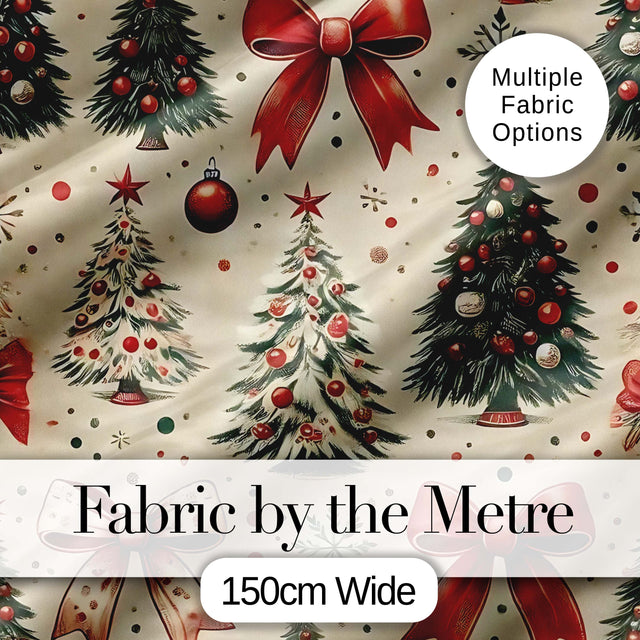 Vintage Christmas Trees Red Bows Ornaments Seamless Pattern Digital Print Fabric by the Metre UK Sewing Quilting Textile