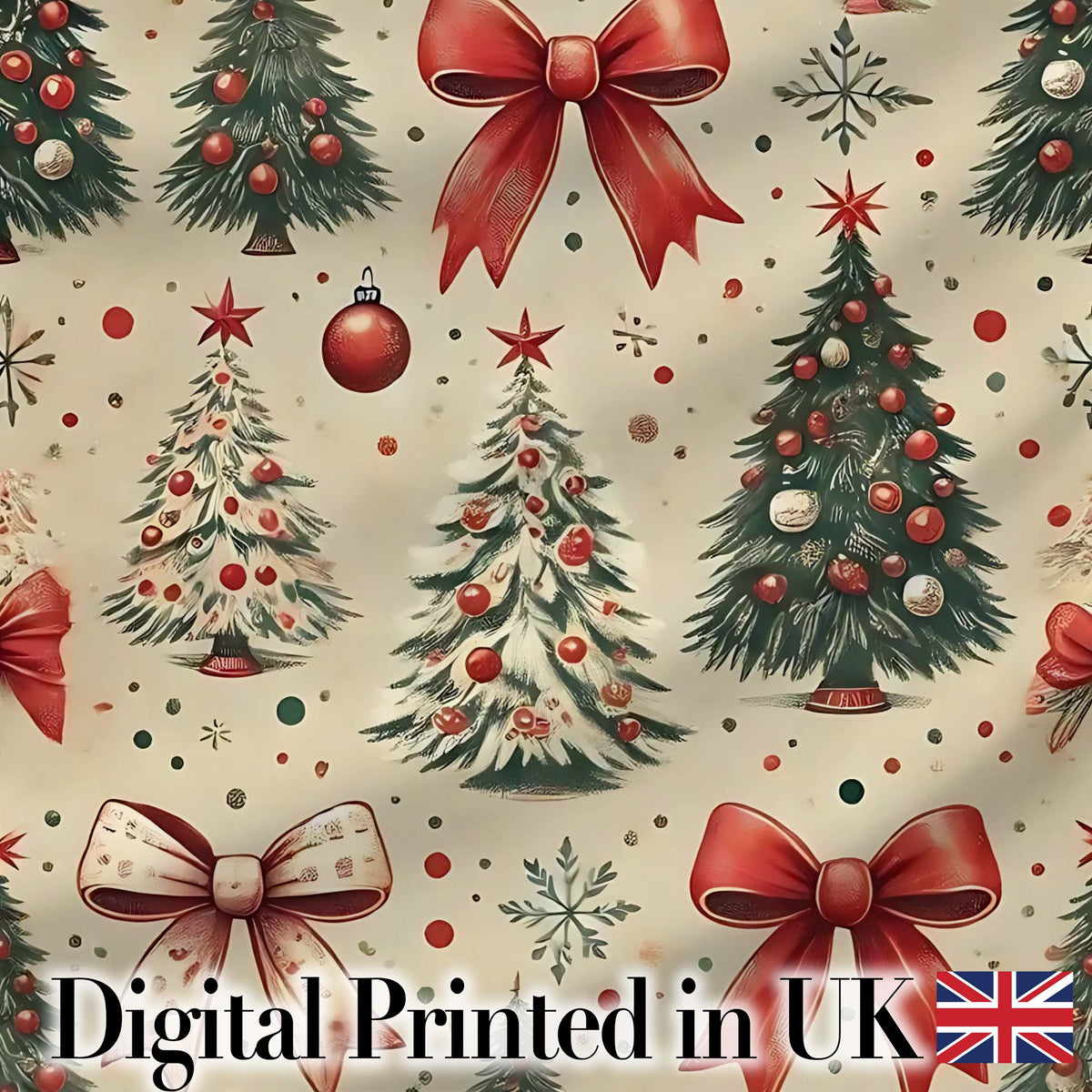 Vintage Christmas Trees Red Bows Ornaments Seamless Pattern Digital Print Fabric by the Metre UK Sewing Quilting Textile