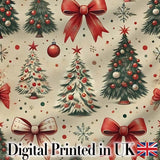 Vintage Christmas Trees Red Bows Ornaments Seamless Pattern Digital Print Fabric by the Metre UK Sewing Quilting Textile