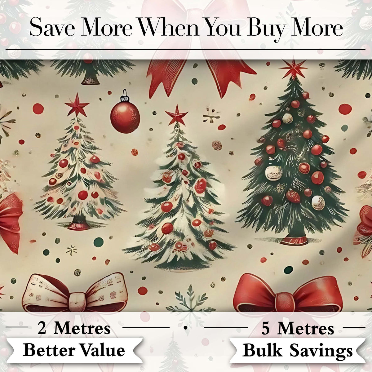 Vintage Christmas Trees Red Bows Ornaments Seamless Pattern Digital Print Fabric by the Metre UK Sewing Quilting Textile