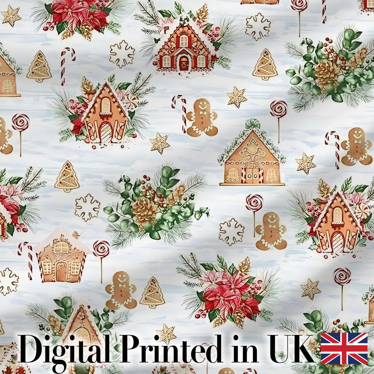 Gingerbread Houses Candy Canes Winter Treats Seamless Pattern Digital Print Fabric by the Metre UK Sewing Quilting Textile
