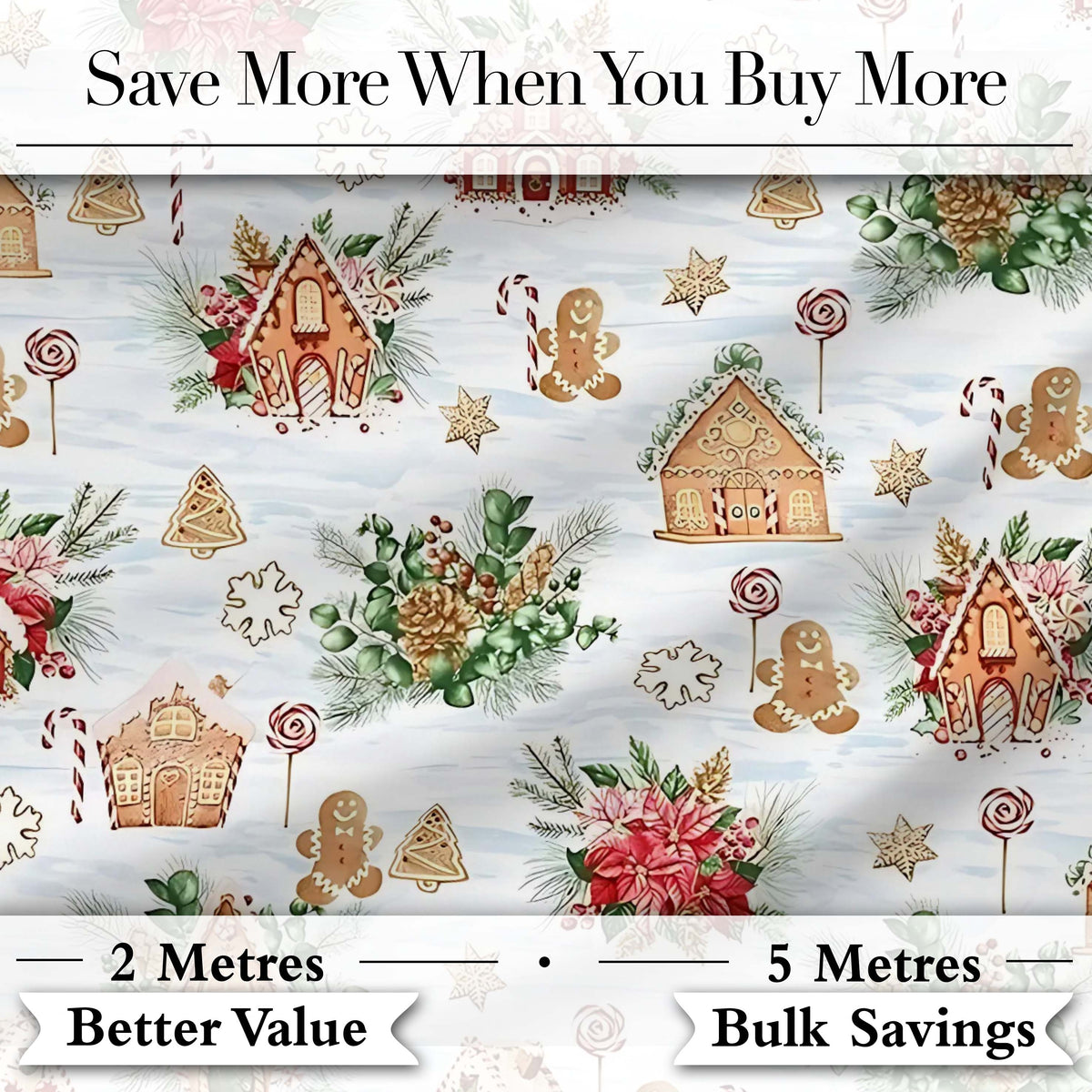 Gingerbread Houses Candy Canes Winter Treats Seamless Pattern Digital Print Fabric by the Metre UK Sewing Quilting Textile