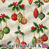 Elegant Holly Leaves Red Green Baubles Seamless Pattern Digital Print Fabric by the Metre UK Sewing Quilting Textile
