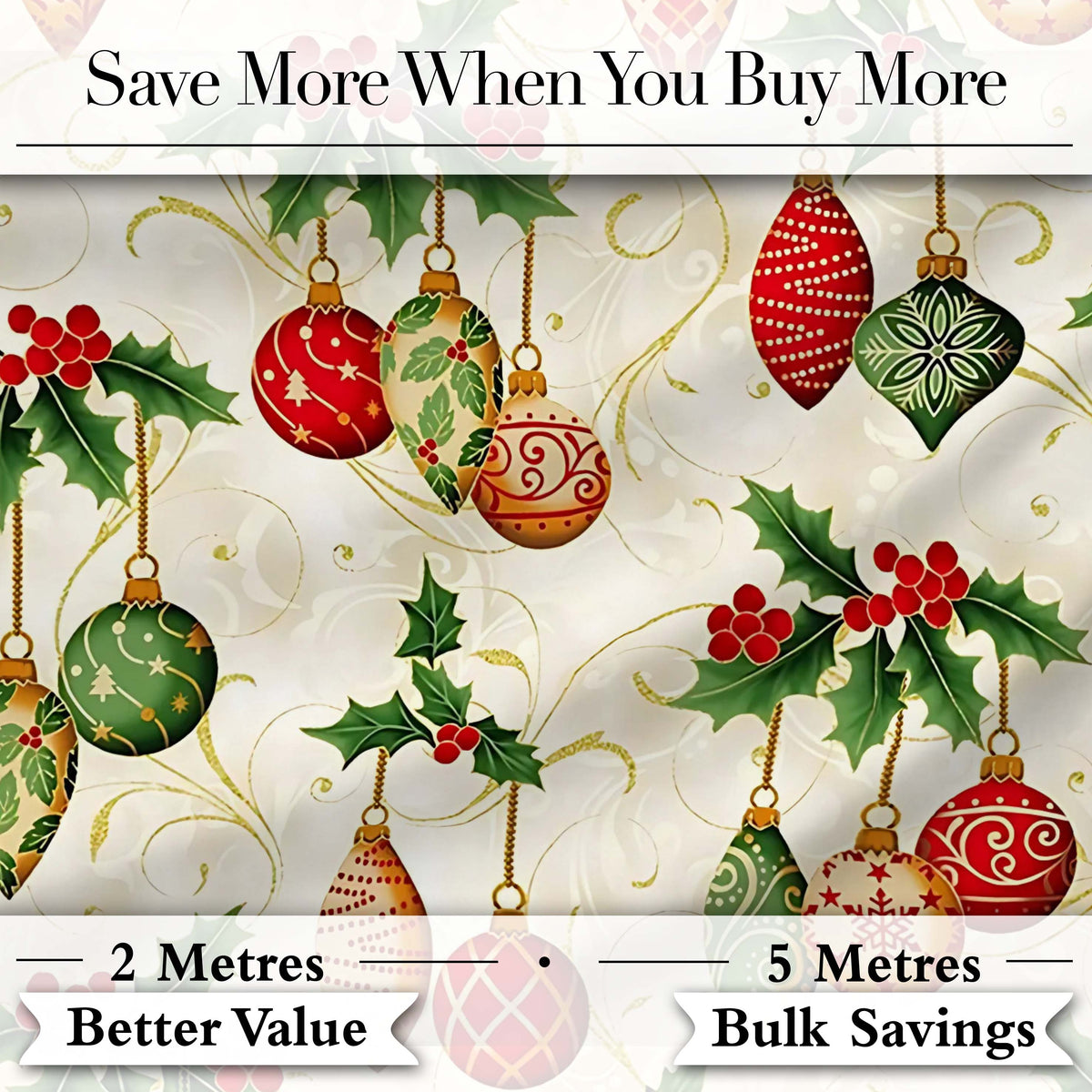 Elegant Holly Leaves Red Green Baubles Seamless Pattern Digital Print Fabric by the Metre UK Sewing Quilting Textile