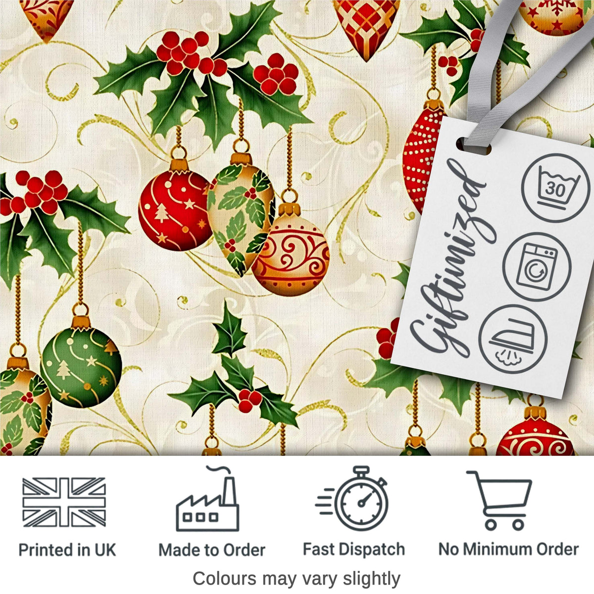Elegant Holly Leaves Red Green Baubles Seamless Pattern Digital Print Fabric by the Metre UK Sewing Quilting Textile
