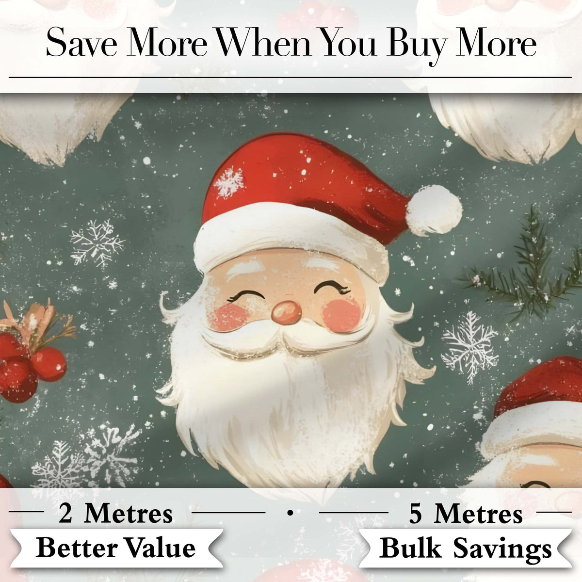 Cute Santa Claus Face Snowflakes Festive Seamless Pattern Digital Print Fabric by the Metre UK Sewing Quilting Textile