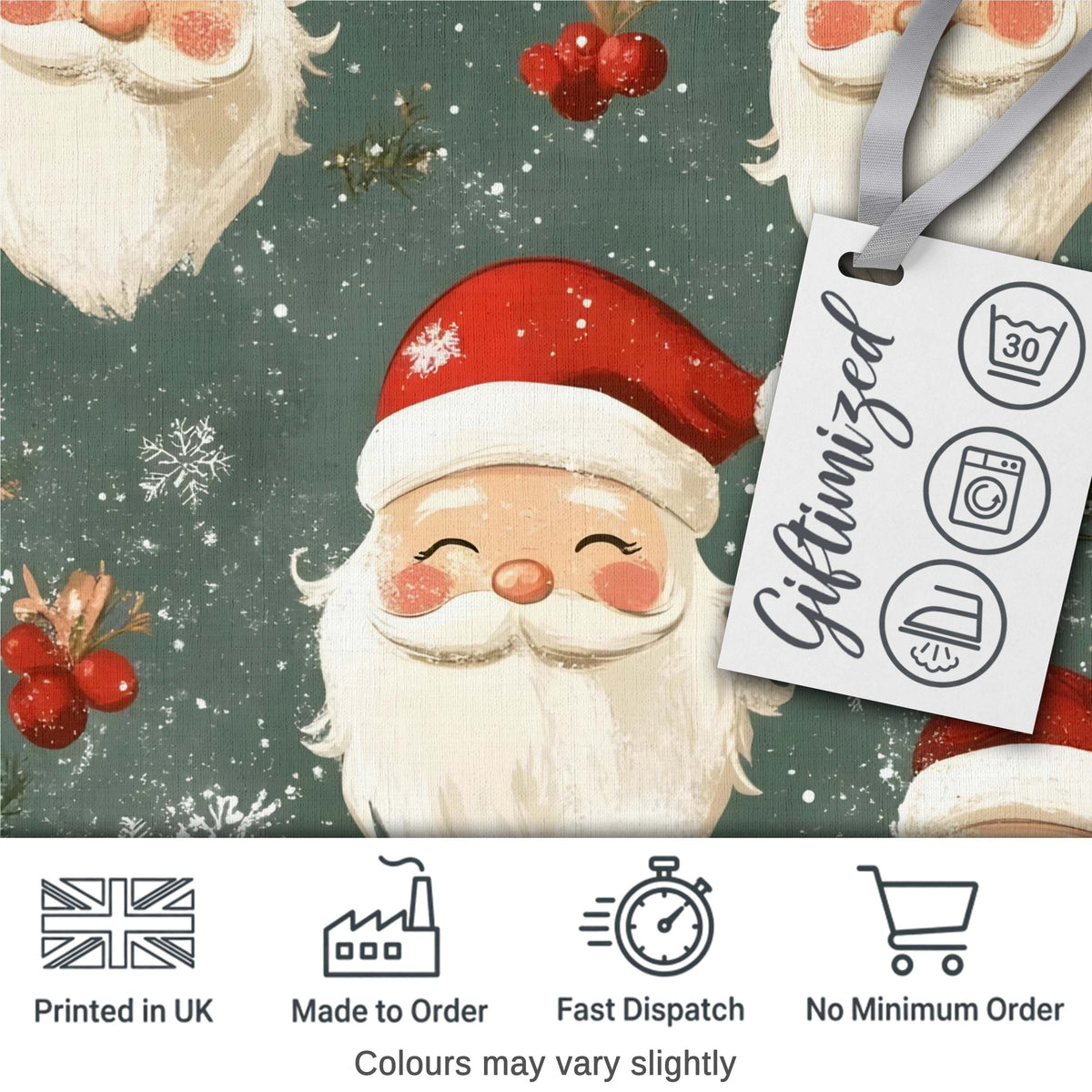 Cute Santa Claus Face Snowflakes Festive Seamless Pattern Digital Print Fabric by the Metre UK Sewing Quilting Textile