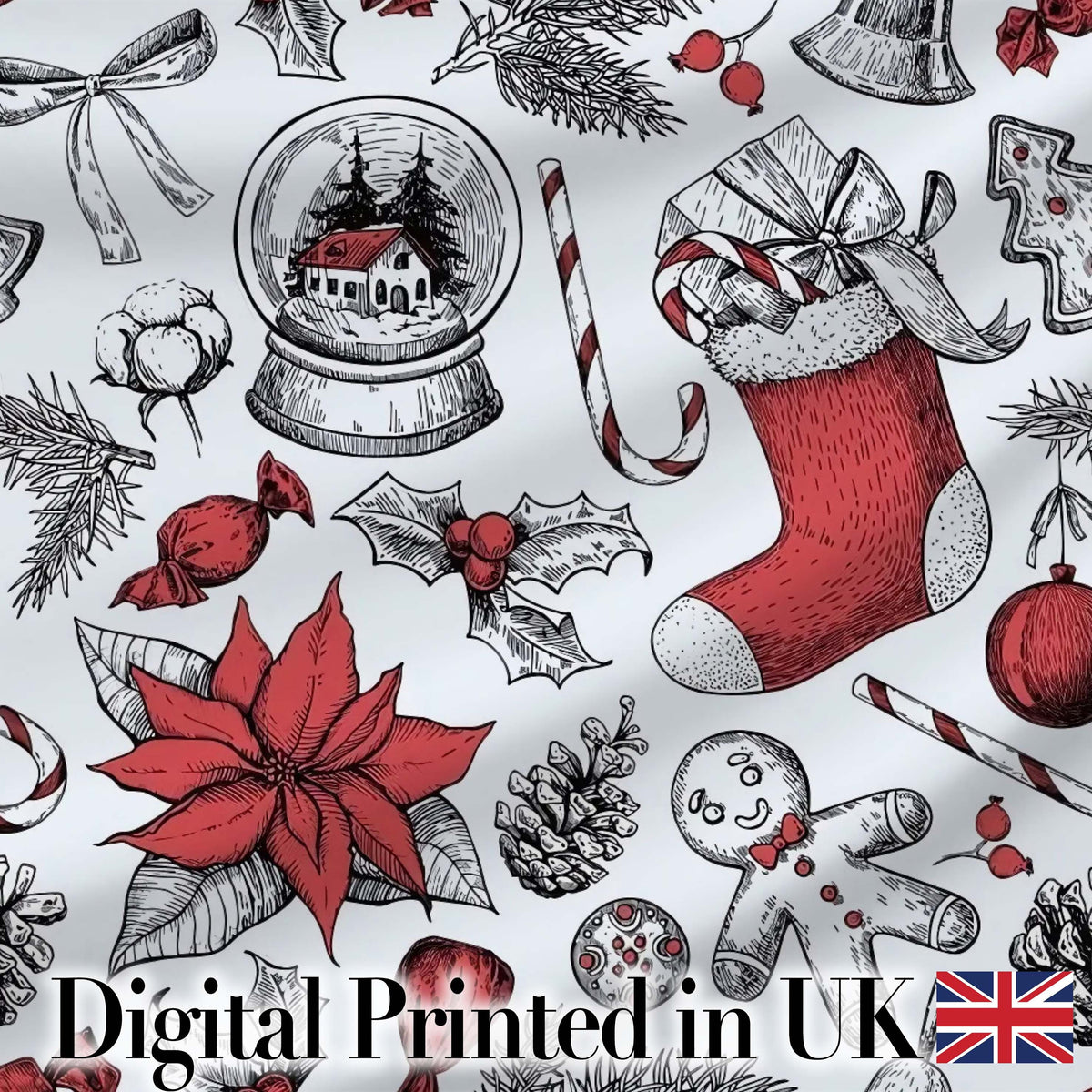 Vintage Christmas Sketch Stocking Candy Cane Seamless Pattern Digital Print Fabric by the Metre UK Sewing Quilting Textile