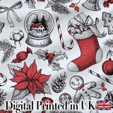 Vintage Christmas Sketch Stocking Candy Cane Seamless Pattern Digital Print Fabric by the Metre UK Sewing Quilting Textile