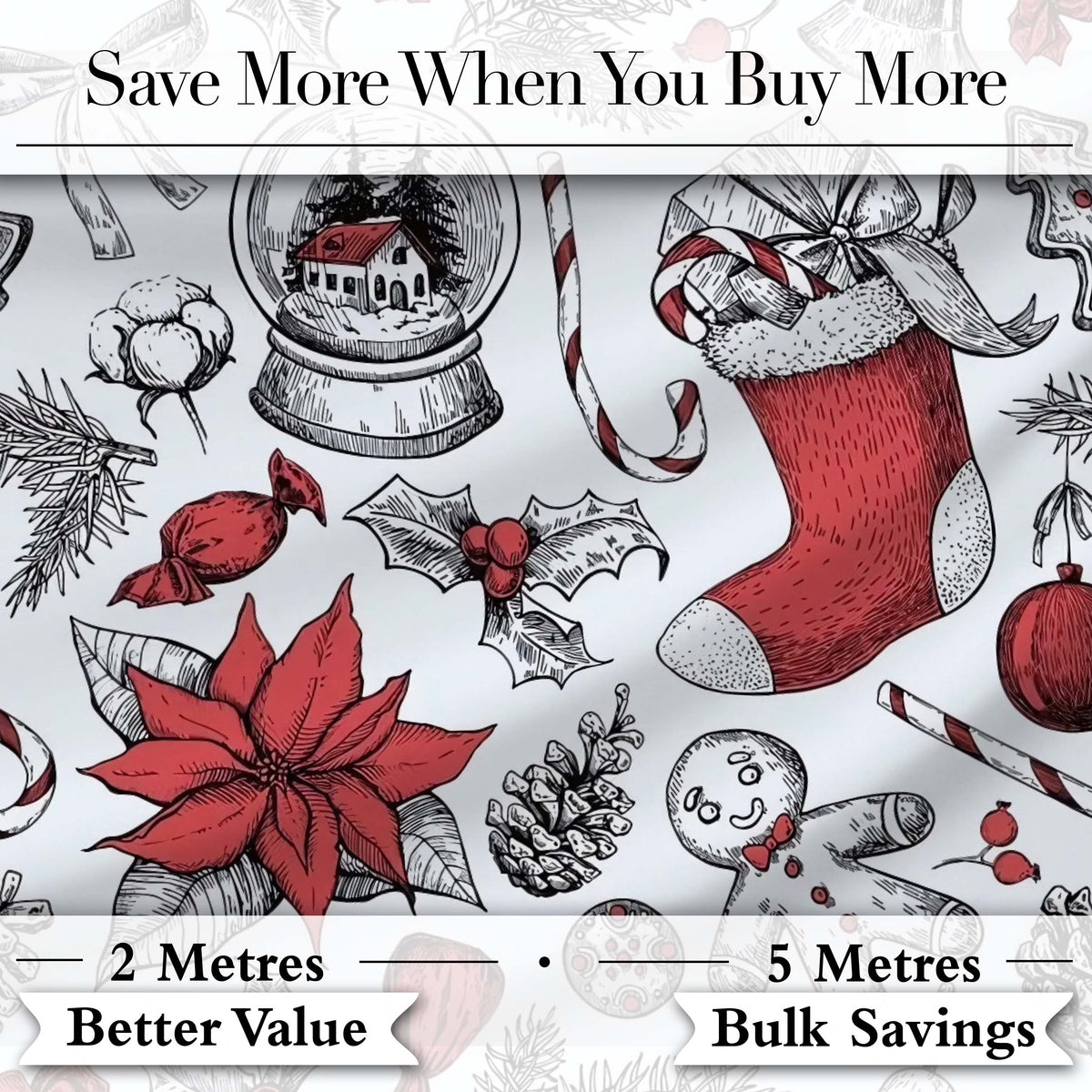 Vintage Christmas Sketch Stocking Candy Cane Seamless Pattern Digital Print Fabric by the Metre UK Sewing Quilting Textile