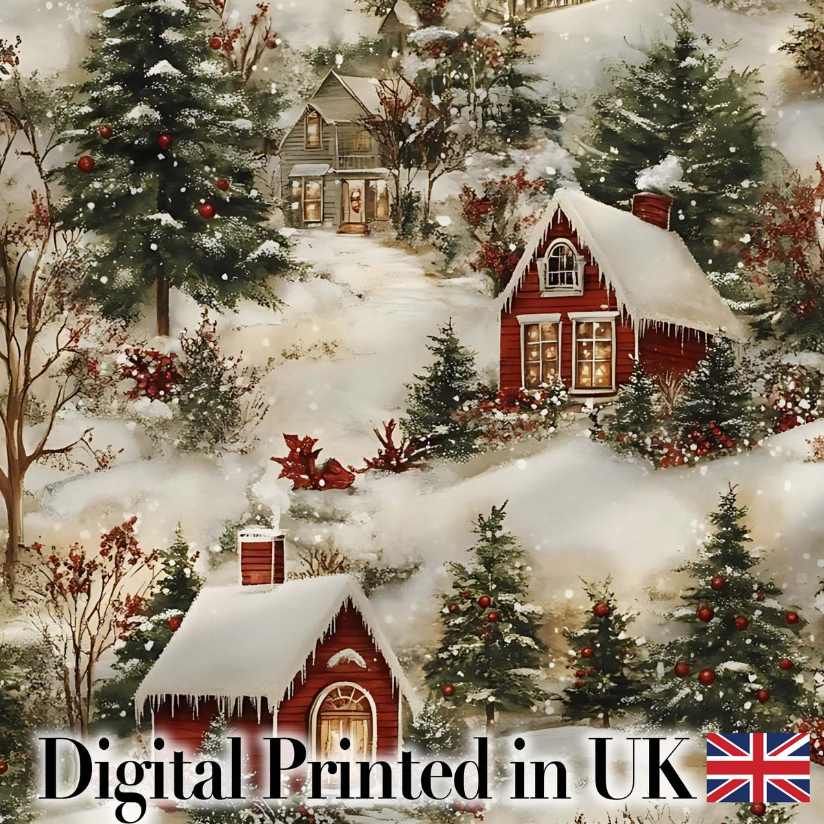 Snowy Christmas Village Houses Winter Scene Seamless Pattern Digital Print Fabric by the Metre UK Sewing Quilting Textile