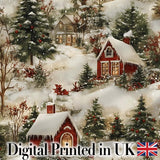 Snowy Christmas Village Houses Winter Scene Seamless Pattern Digital Print Fabric by the Metre UK Sewing Quilting Textile