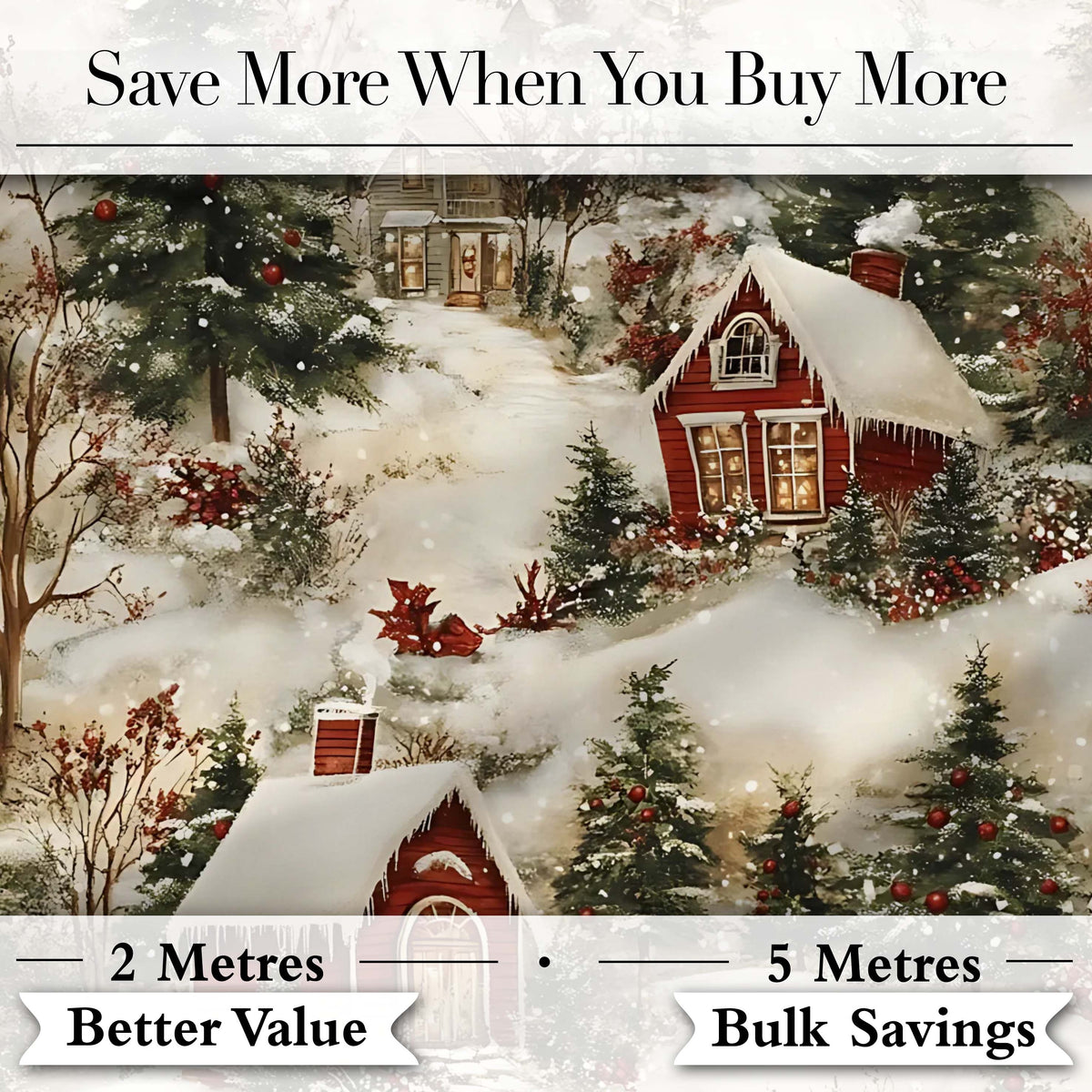 Snowy Christmas Village Houses Winter Scene Seamless Pattern Digital Print Fabric by the Metre UK Sewing Quilting Textile