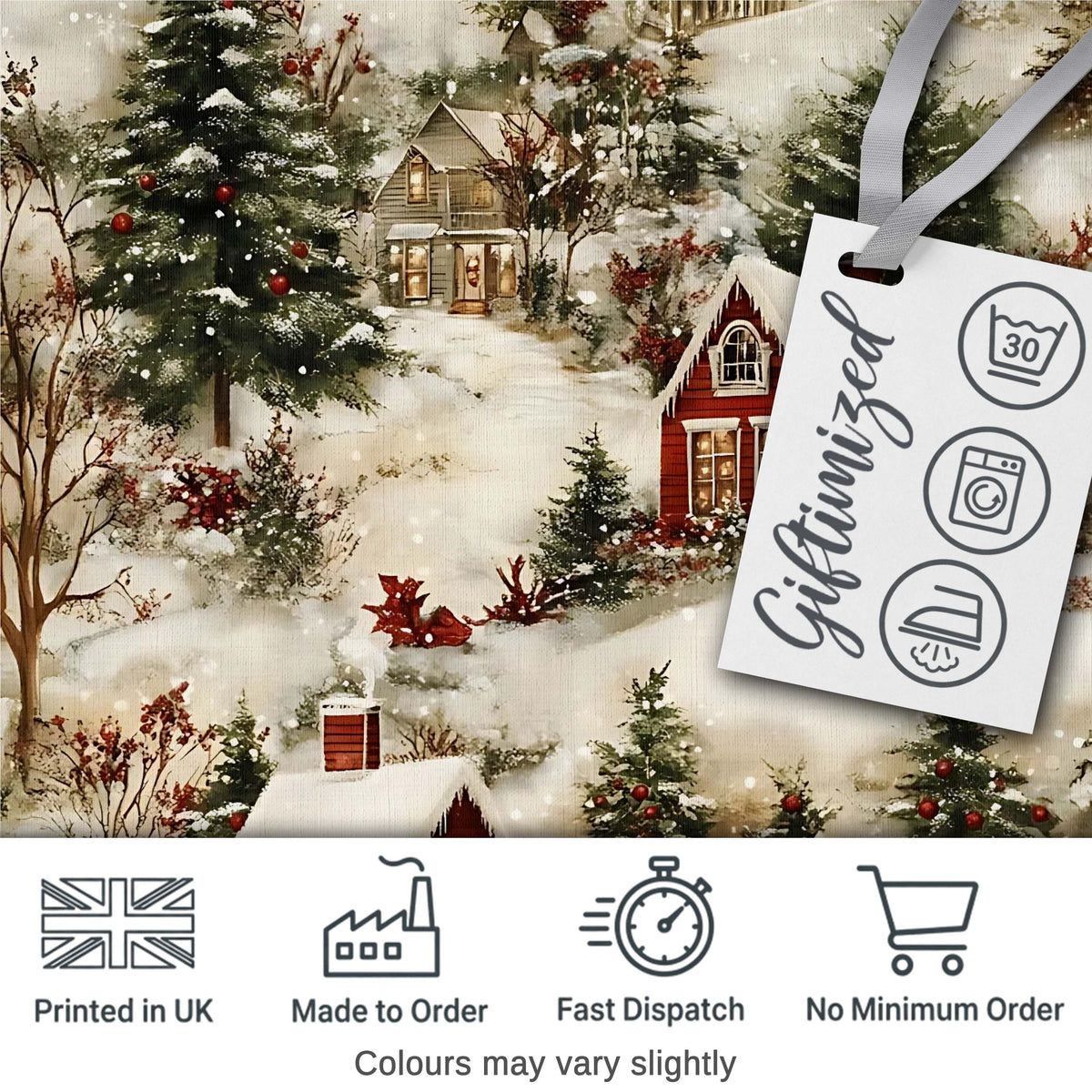 Snowy Christmas Village Houses Winter Scene Seamless Pattern Digital Print Fabric by the Metre UK Sewing Quilting Textile