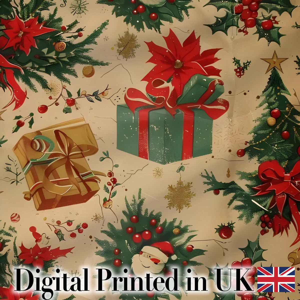 Christmas Gift Boxes Pine Branch Holiday Seamless Pattern Digital Print Fabric by the Metre UK Sewing Quilting Textile