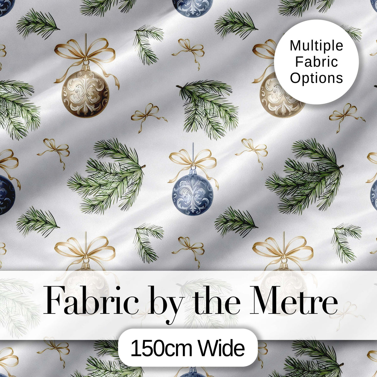 Elegant Gold Blue Baubles Pine Branch Seamless Pattern Digital Print Fabric by the Metre UK Sewing Quilting Textile