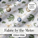 Elegant Gold Blue Baubles Pine Branch Seamless Pattern Digital Print Fabric by the Metre UK Sewing Quilting Textile