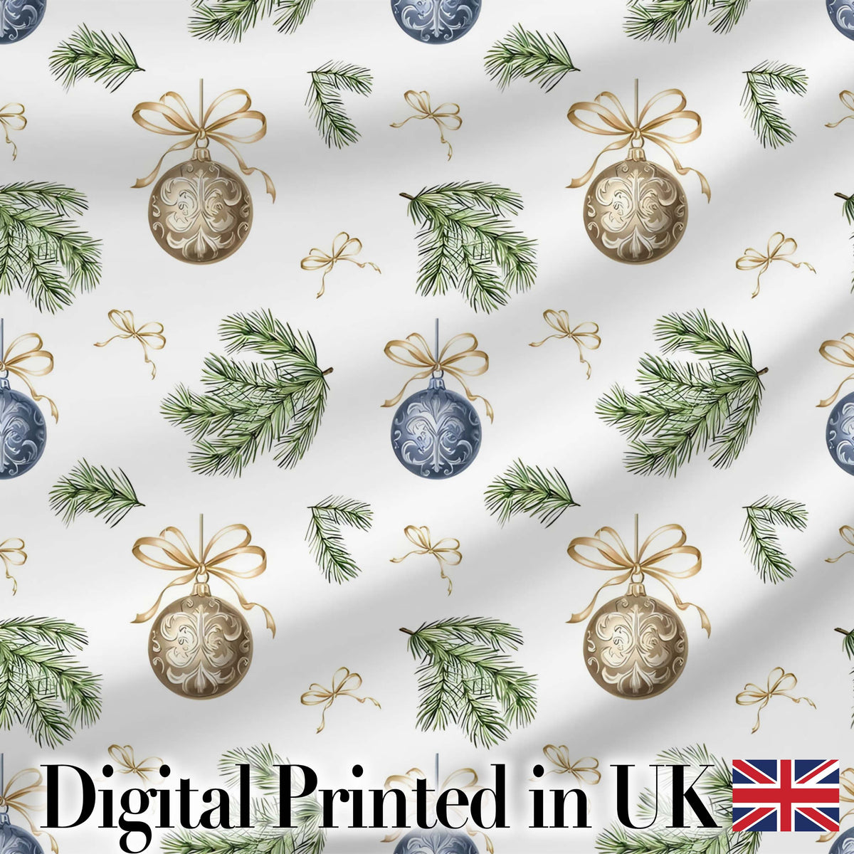 Elegant Gold Blue Baubles Pine Branch Seamless Pattern Digital Print Fabric by the Metre UK Sewing Quilting Textile