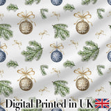Elegant Gold Blue Baubles Pine Branch Seamless Pattern Digital Print Fabric by the Metre UK Sewing Quilting Textile