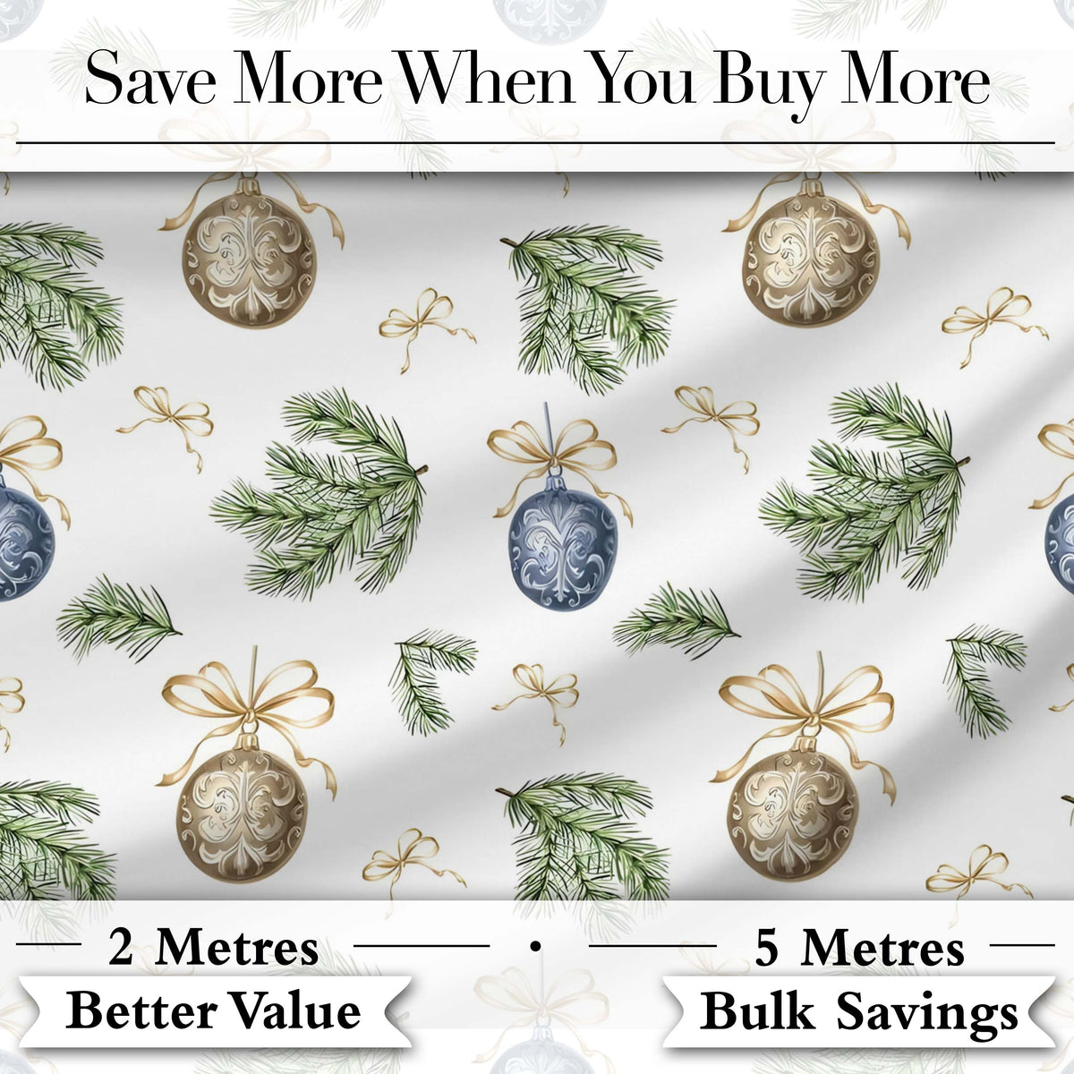 Elegant Gold Blue Baubles Pine Branch Seamless Pattern Digital Print Fabric by the Metre UK Sewing Quilting Textile