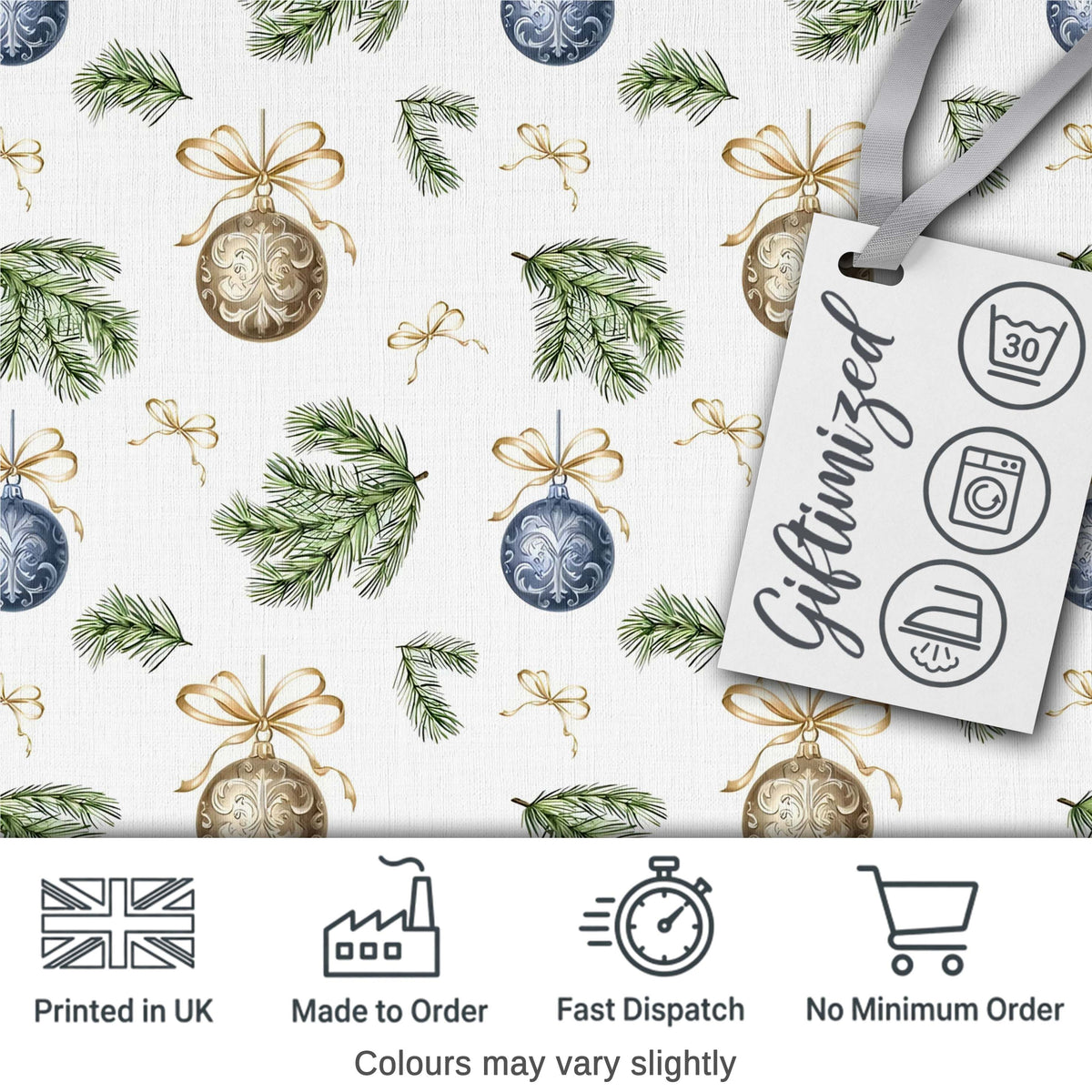 Elegant Gold Blue Baubles Pine Branch Seamless Pattern Digital Print Fabric by the Metre UK Sewing Quilting Textile