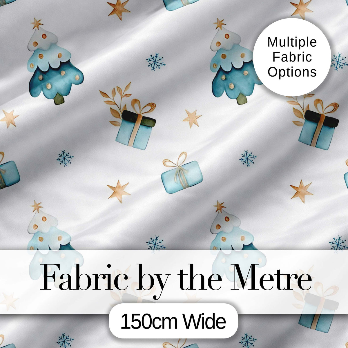 Soft Blue Christmas Tree Gift Snowflake Cute Seamless Pattern Digital Print Fabric by the Metre UK Sewing Quilting Textile